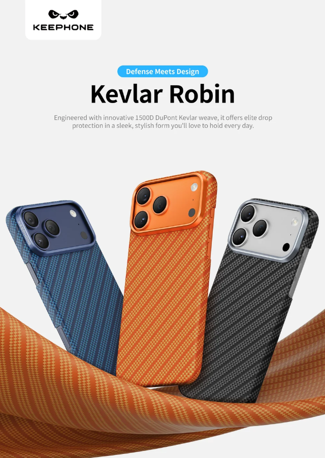 Three Kevlar Robin phone cases in blue, orange, and dark gray are displayed on iPhones, with a large orange textured fabric prop in the foreground. The brand logo 'KEEPHONE' is visible in the top left corner.