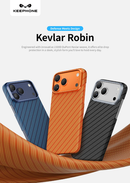 Three Kevlar Robin phone cases in blue, orange, and dark gray are displayed on iPhones, with a large orange textured fabric prop in the foreground. The brand logo 'KEEPHONE' is visible in the top left corner.