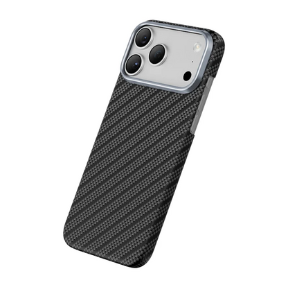A carbon fiber textured phone case with a silver metal camera bumper, shown on a white background.