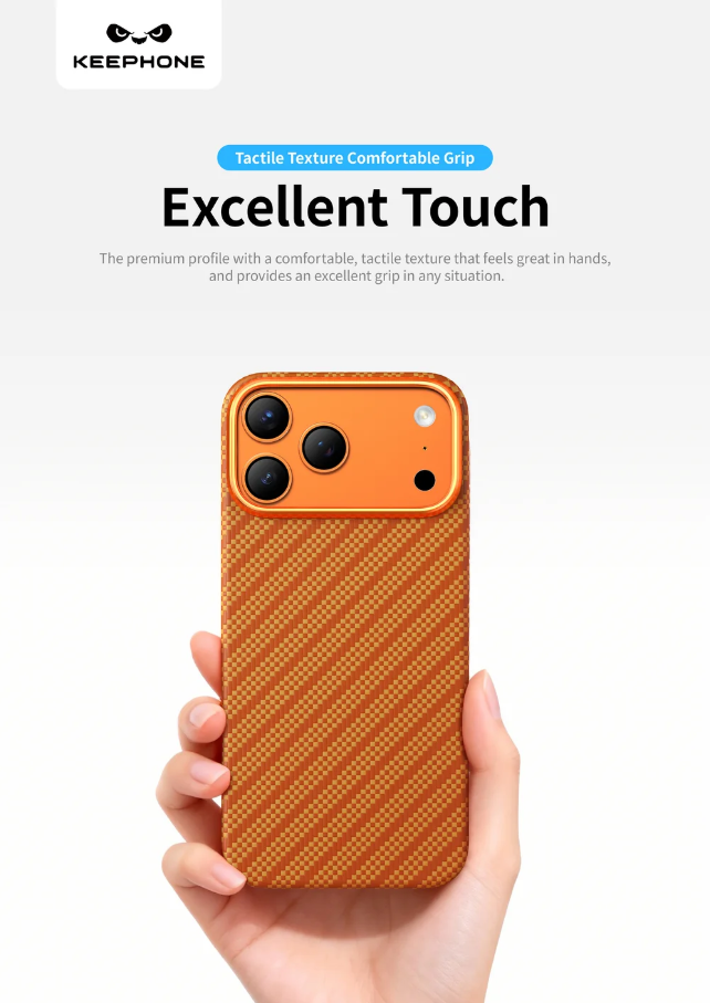 A hand holding a phone case with a textured orange and brown diagonal pattern, shown against a light gray background with marketing text and the KEEPHONE brand logo.