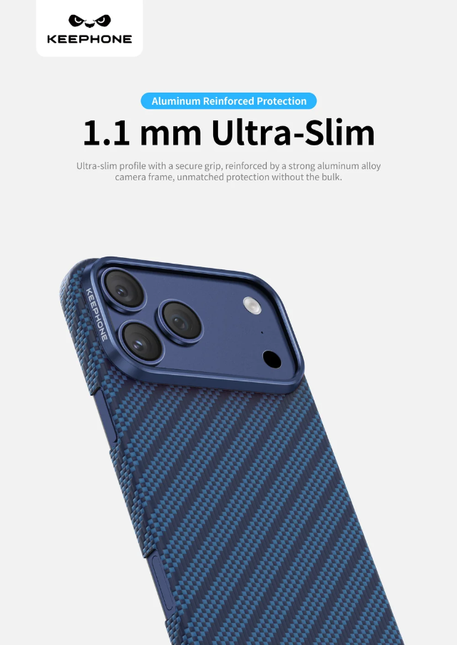 A dark blue carbon-fiber-textured phone case with a blue metallic camera frame, shown on a light gray background with promotional text for 'KEEPHONE' and '1.1 mm Ultra-Slim'.
