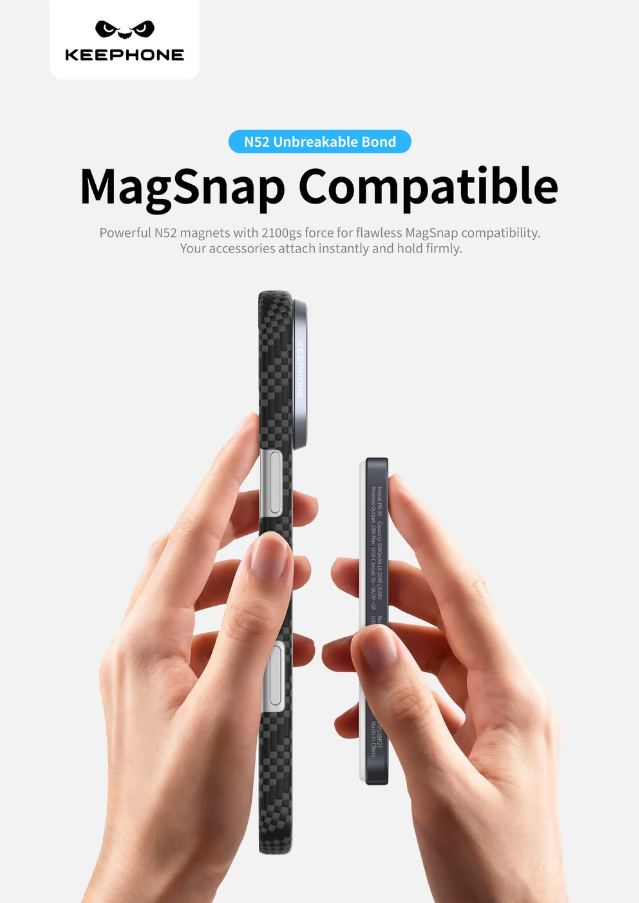 A promotional product graphic showing a phone case held between two hands to demonstrate MagSafe compatibility. The case has a black carbon-fiber-textured pattern with silver magnets on the side.