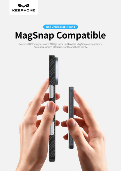 A promotional product graphic showing a phone case held between two hands to demonstrate MagSafe compatibility. The case has a black carbon-fiber-textured pattern with silver magnets on the side.