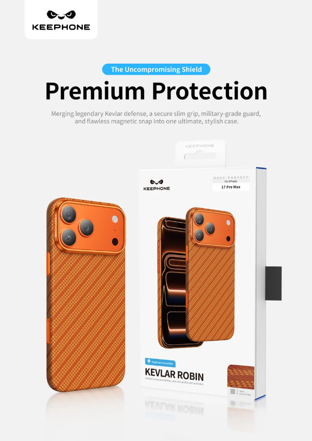 An orange KEEPHONE Kevlar Robin phone case shown next to its retail box on a clean white background, with promotional text above reading 'Premium Protection'.