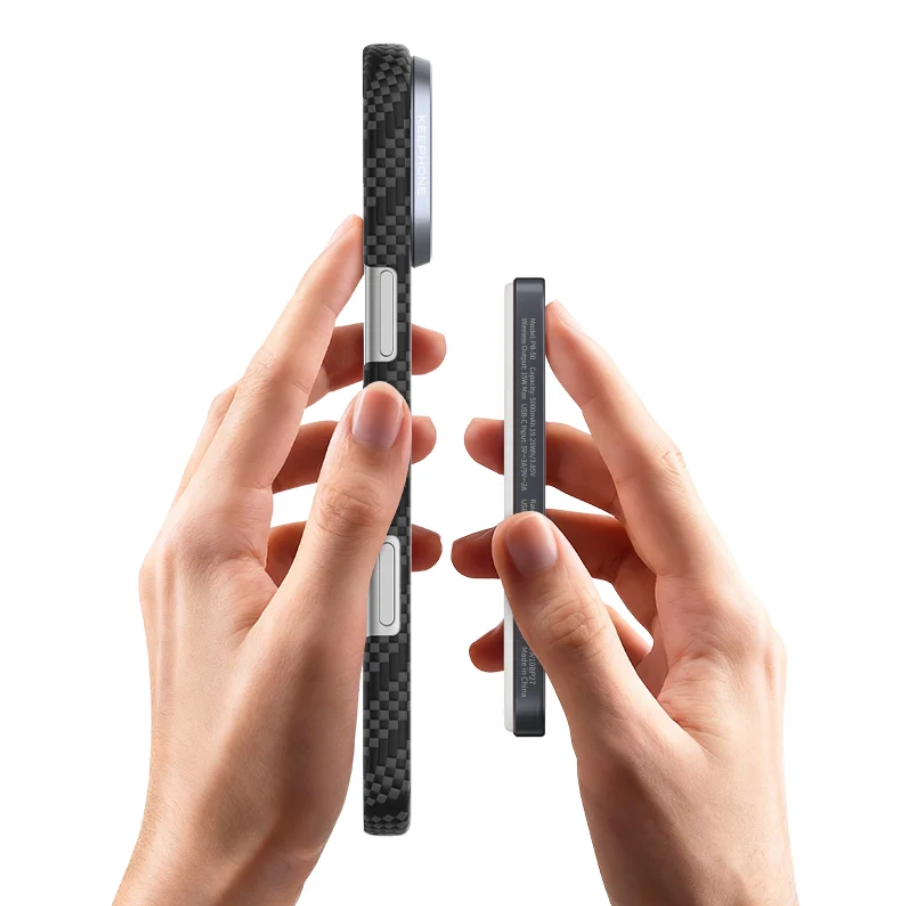 Two hands holding a carbon fiber phone case on a white background