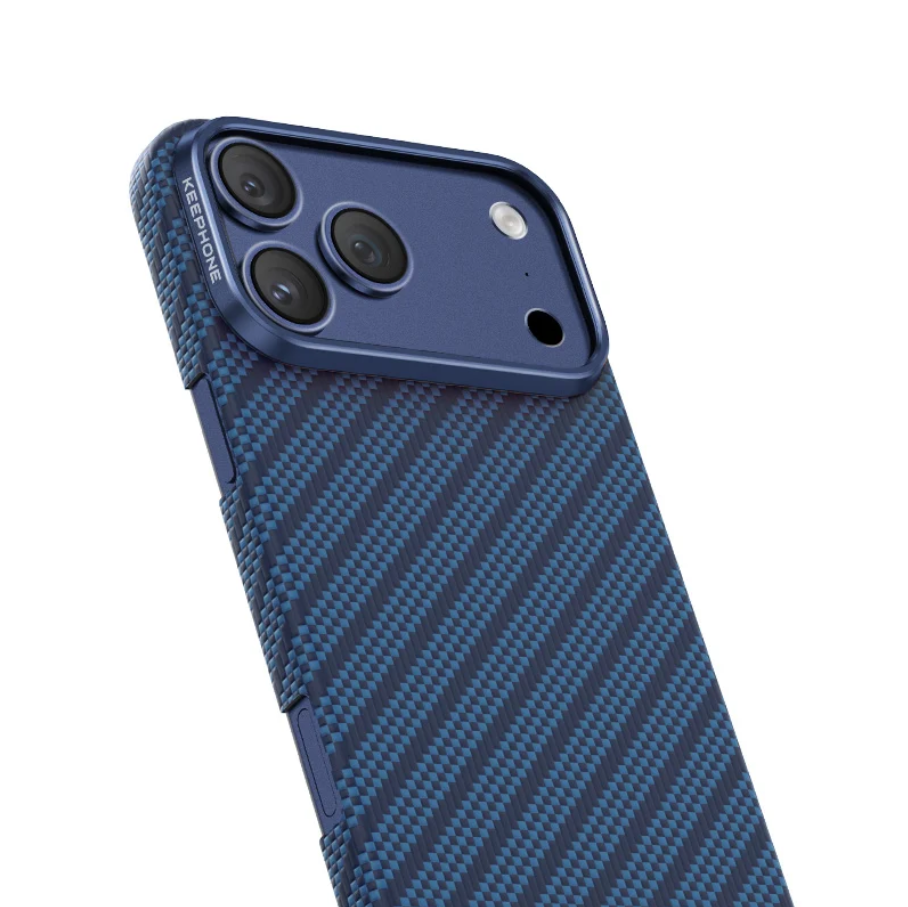 Blue phone case with textured pattern on a white background