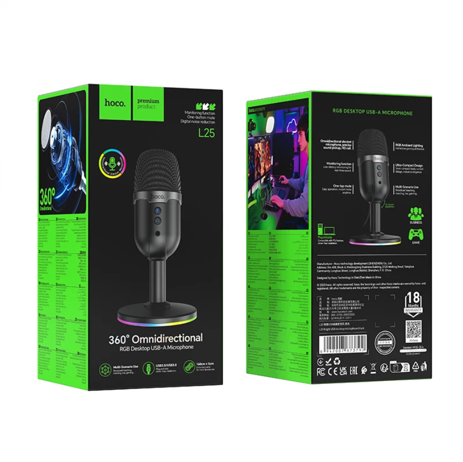 Front and back views of the Hoco L25 360-degree omnidirectional RGB desktop USB microphone packaging, shown on a clean white background.