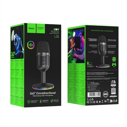 Front and back views of the Hoco L25 360-degree omnidirectional RGB desktop USB microphone packaging, shown on a clean white background.