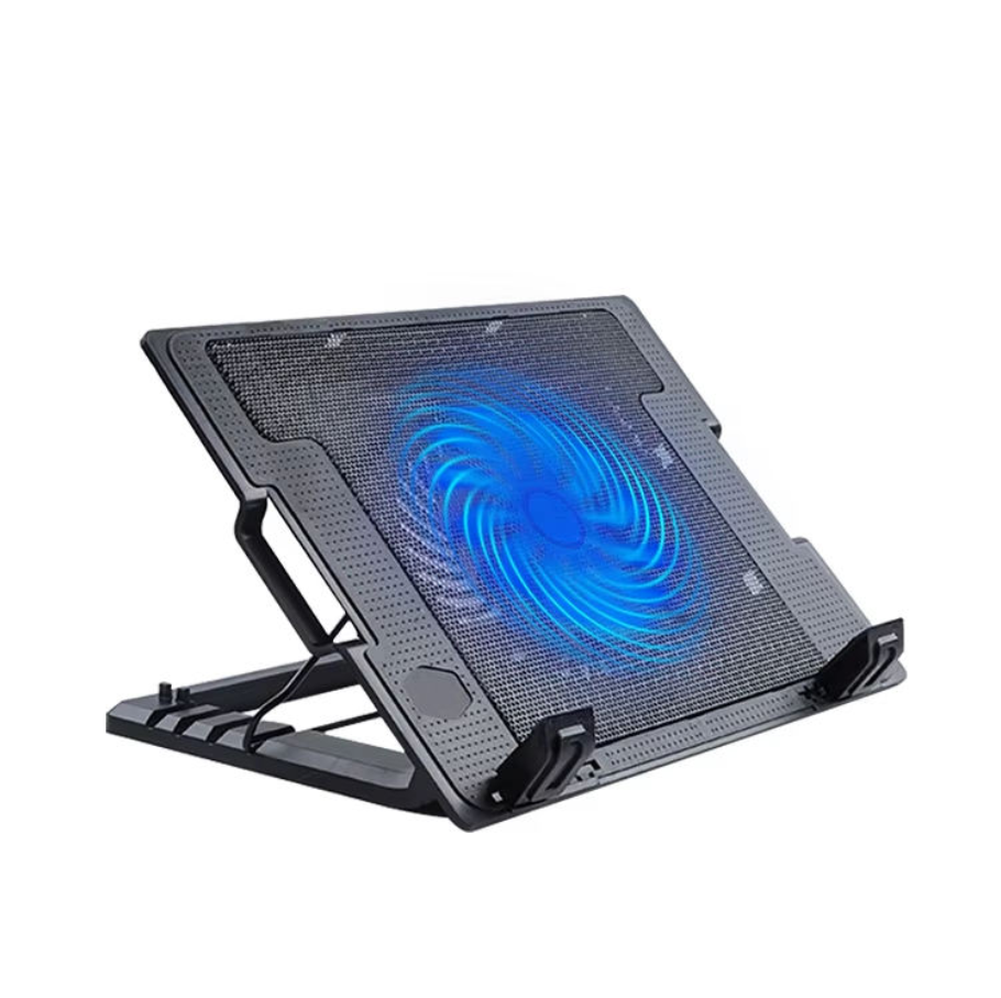 A black adjustable laptop cooling pad with a perforated metal surface, shown at an angle with a glowing blue fan in the center, on a plain white background.