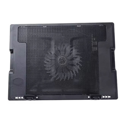 A black laptop cooling fan shroud or heatsink cover with a large perforated metal grille and visible fan blades, shown on a plain white background.