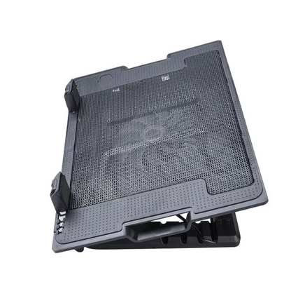 Black adjustable laptop cooling fan stand with a perforated metal mesh top and visible fan blades underneath, shown on a plain white background.