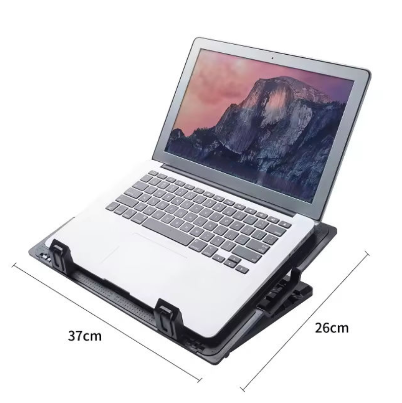 A laptop cooling stand holding an open silver laptop, shown on a white background with dimension labels indicating 37cm by 26cm.