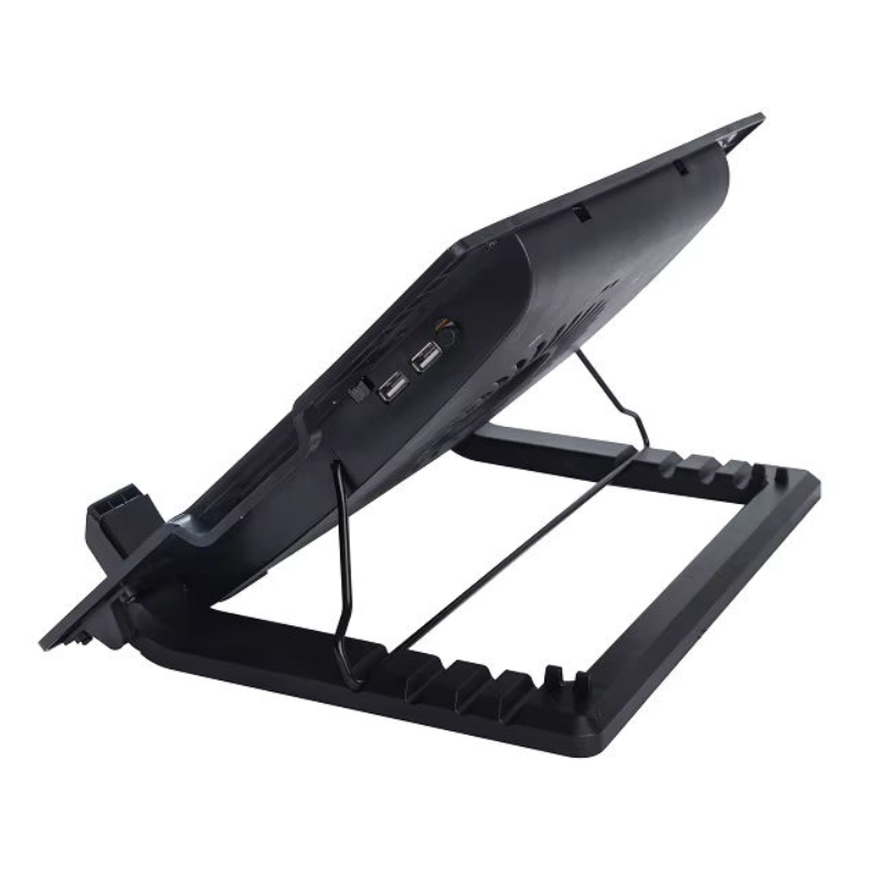 A black adjustable laptop stand with a triangular base and support arms, shown holding a tablet at an angle on a plain white background.