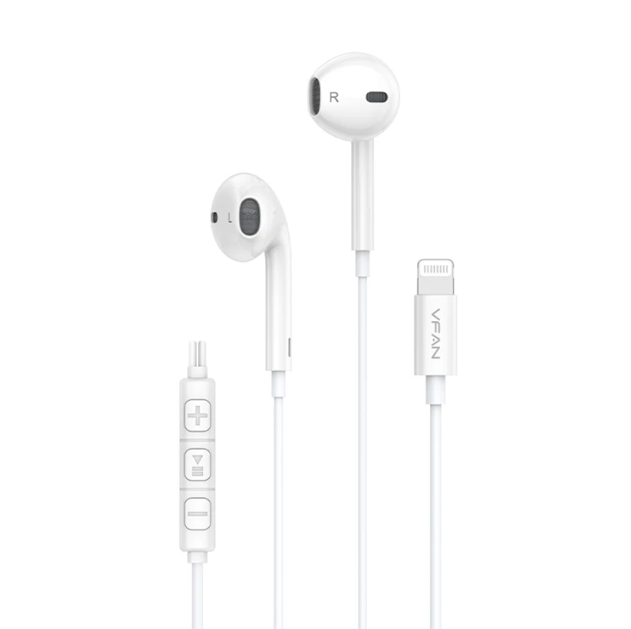 White in-ear earphones with a Lightning connector, featuring a white inline remote control and a visible 'VFAAN' brand logo on the cable.