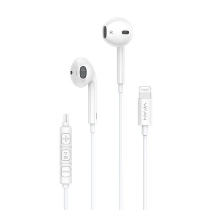 White in-ear earphones with a Lightning connector, featuring a white inline remote control and a visible 'VFAAN' brand logo on the cable.