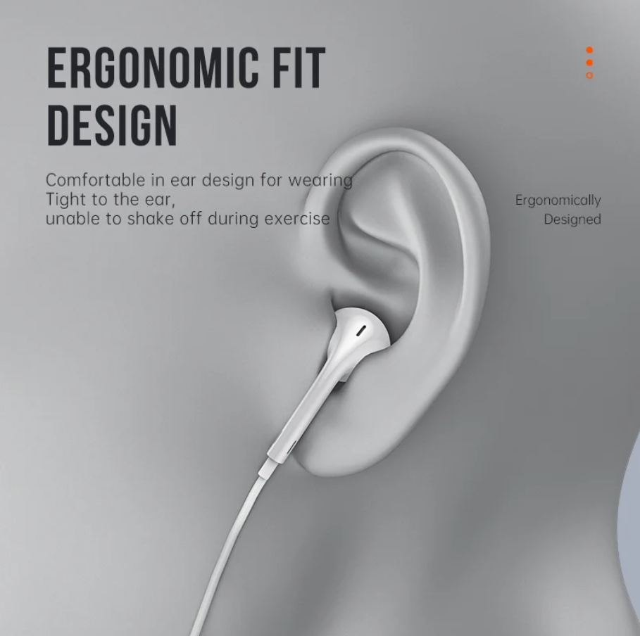 Ergonomic earbud design with text on a gray background