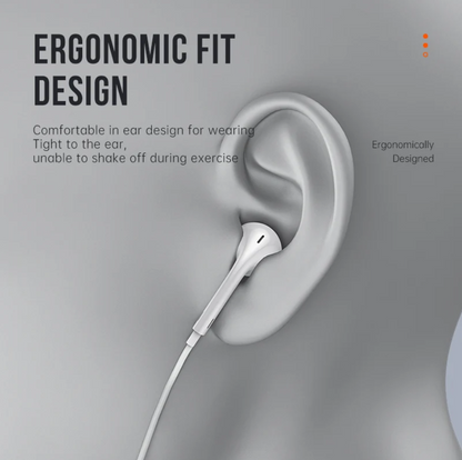 Ergonomic earbud design with text on a gray background