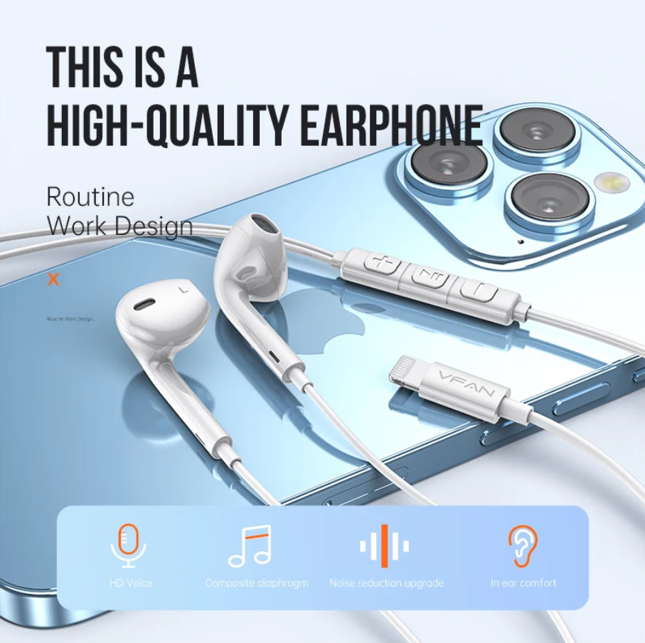 White in-ear earphones with a wired inline remote, shown draped over a light blue smartphone. Large text at the top reads 'THIS IS A HIGH-QUALITY EARPHONE,' with feature icons along the bottom.