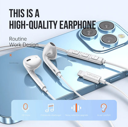 White in-ear earphones with a wired inline remote, shown draped over a light blue smartphone. Large text at the top reads 'THIS IS A HIGH-QUALITY EARPHONE,' with feature icons along the bottom.