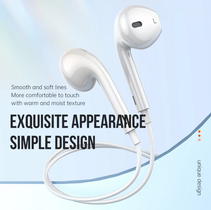 White wired in-ear earphones with a soft curved cable, shown on a pale blue background with promotional text. The earphones have a minimalist design with a small black 'L' marking on one earbud.