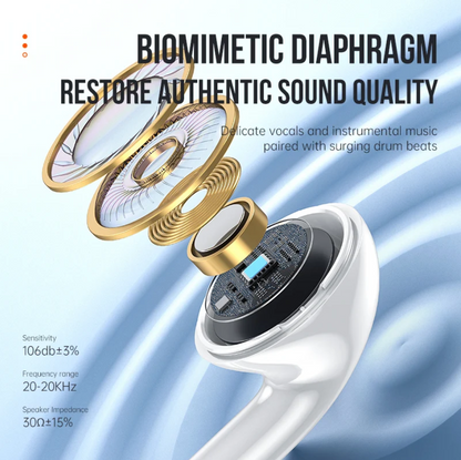 A white and gold biometric diaphragm speaker shown in an exploded view with large marketing text on a light blue background. The text reads 'BIOMIMETIC DIAPHRAGM RESTORE AUTHENTIC SOUND QUALITY' and lists sensitivity, frequency range, and speaker impedance.