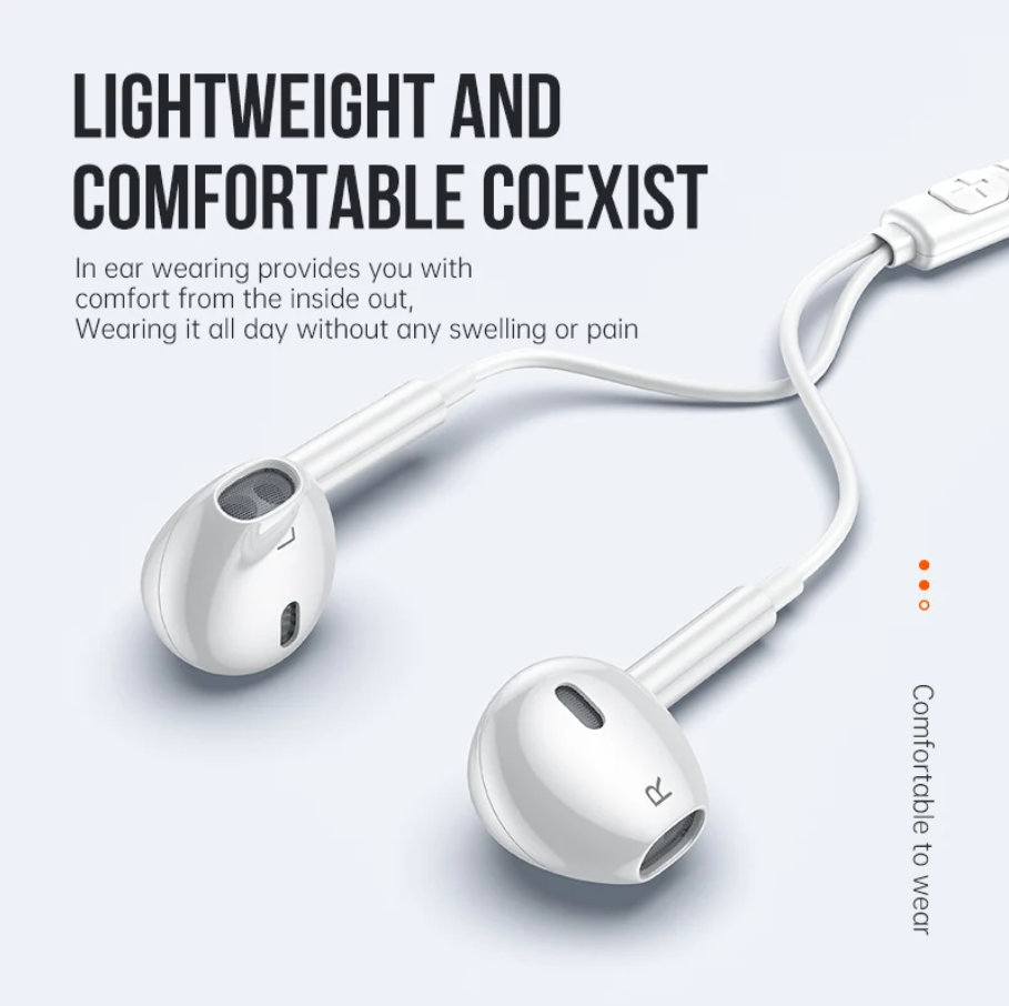 White wired in-ear earphones shown on a light gray background with promotional text highlighting lightweight comfort and all-day wear.