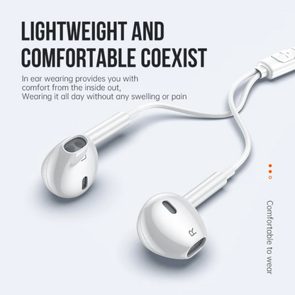 White wired in-ear earphones shown on a light gray background with promotional text highlighting lightweight comfort and all-day wear.