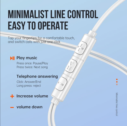 A minimalist white wired inline control cable with three-button controls, shown on a light blue background with promotional text explaining how to operate play music, telephone answering, volume increase, and volume down.