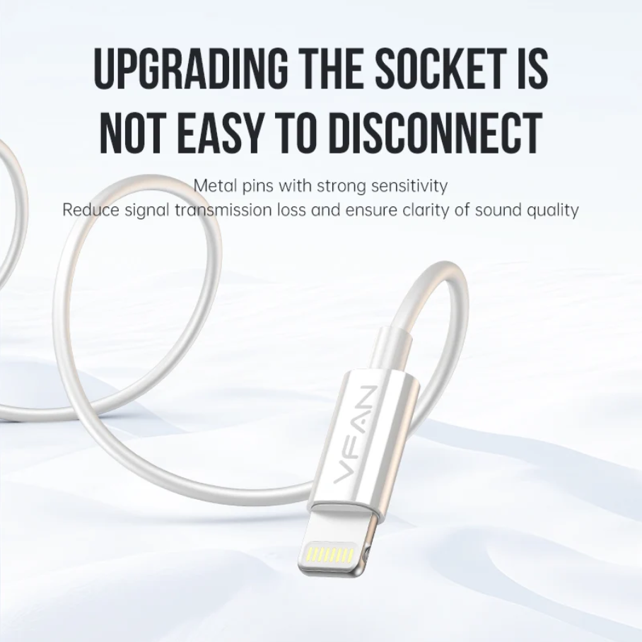 A close-up of a silver Lightning cable connector with the brand name VFAN visible on the metal plug, shown against a clean white background with promotional text about metal pins and signal transmission.