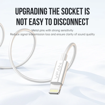 A close-up of a silver Lightning cable connector with the brand name VFAN visible on the metal plug, shown against a clean white background with promotional text about metal pins and signal transmission.