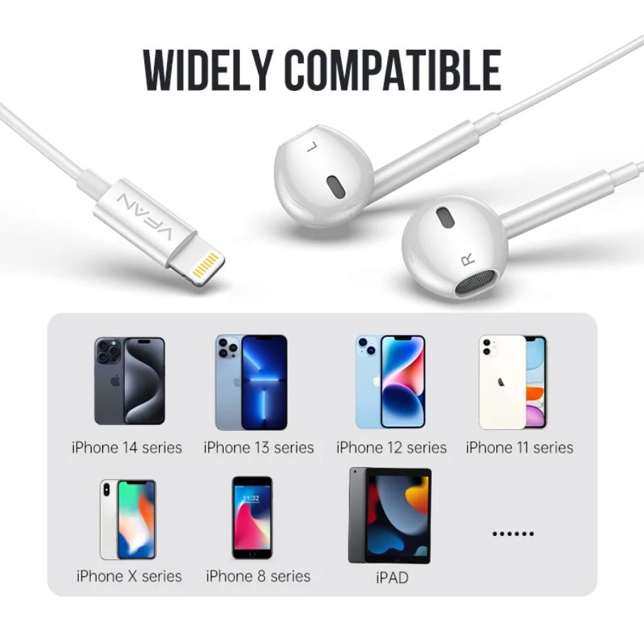 White wired earphones shown on a clean white background with the text 'WIDELY COMPATIBLE' above them. The earphones are displayed with Lightning connectors, and a compatibility panel below lists iPhone 14 series, iPhone 13 series, iPhone 12 series, iPhone 11 series, iPhone X series, iPhone 8 series, and iPad.