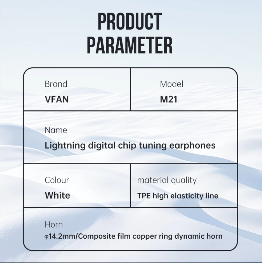 A product specification card with the heading 'PRODUCT PARAMETER' on a pale blue abstract background. The table lists Brand VFAN, Model M21, Name Lightning digital chip tuning earphones, Colour White, material quality TPE high elasticity line, and Horn Ø14.