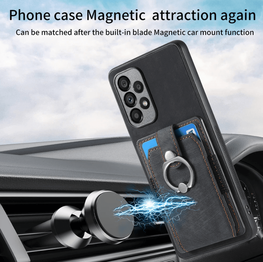 Phone case with magnetic car mount feature in a car interior setting
