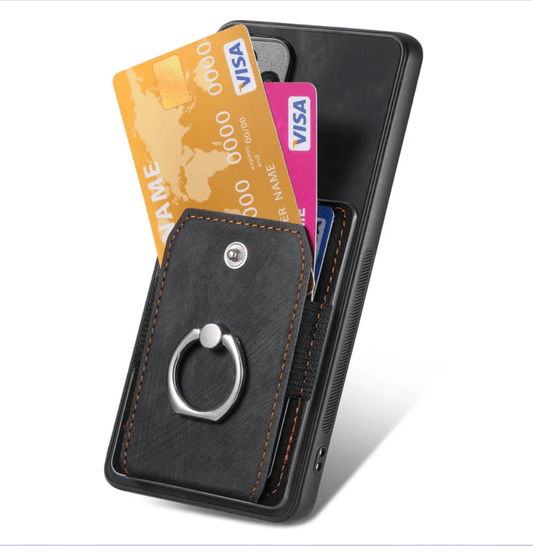 Black phone case with card holder and ring stand featuring Visa cards on a white background
