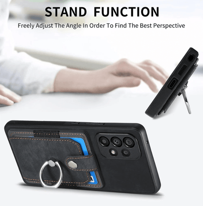 Phone case with stand function and ring holder, showing adjustable angle feature.
