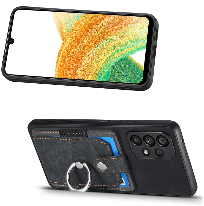 Black phone case with ring holder and card slots on a white background