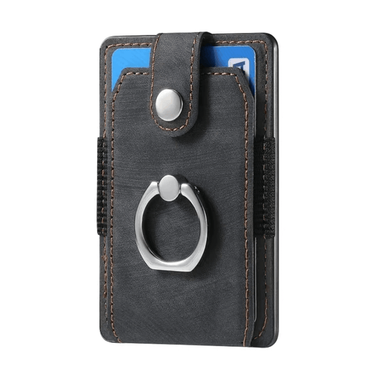 Black leather wallet with phone ring holder on a white background