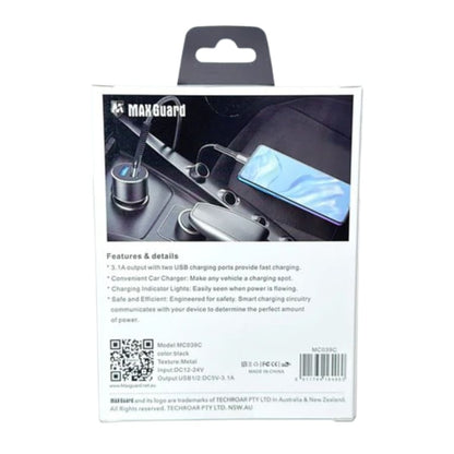 Maxguard 3.1A 2 USB car charger with USB-A to C combo MC039C