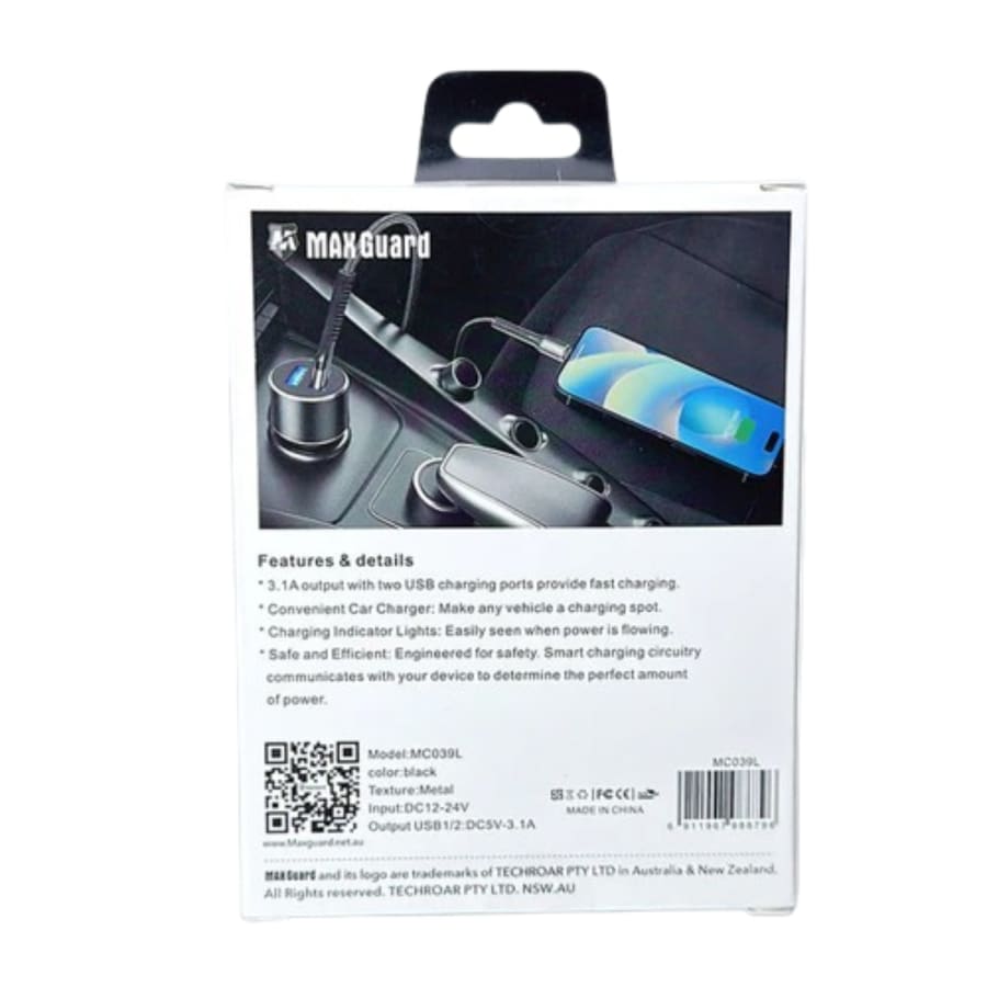 Maxguard 3.1A 2 USB car charger with USB-A to Lightning combo MC039L