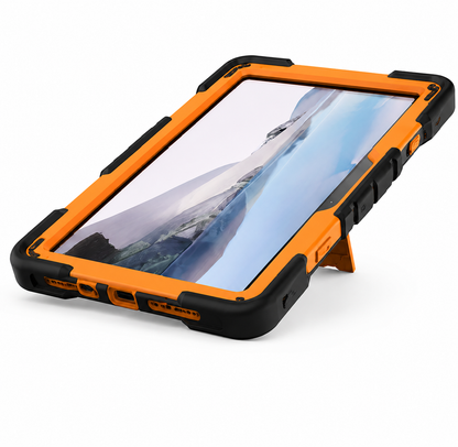 Orange and black rugged phone case on a white background