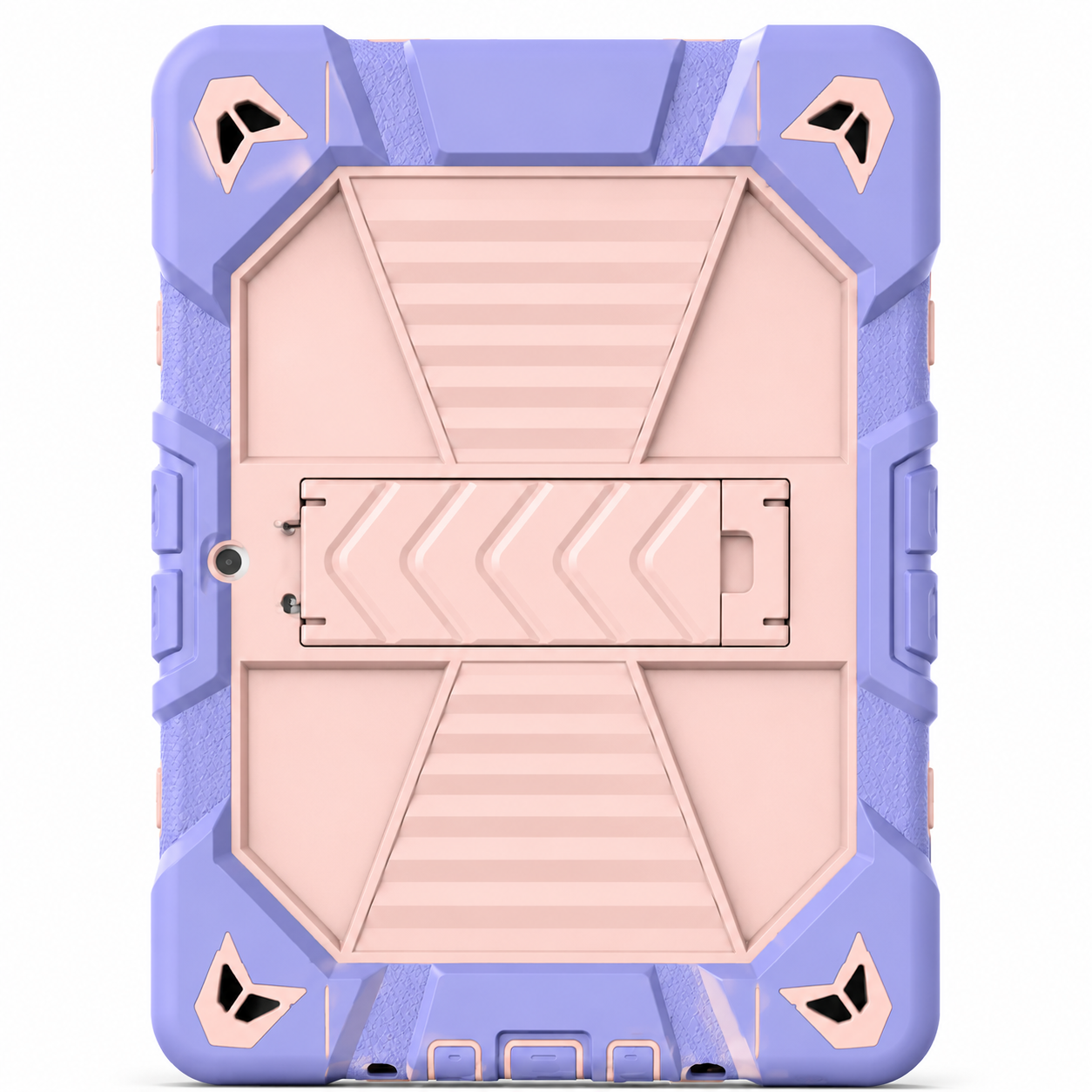 Purple and beige protective case with geometric design on a white background