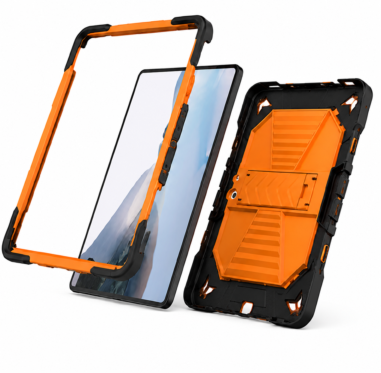 Orange and black rugged tablet case with screen protector on a white background