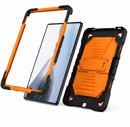 Orange and black rugged tablet case with screen protector on a white background