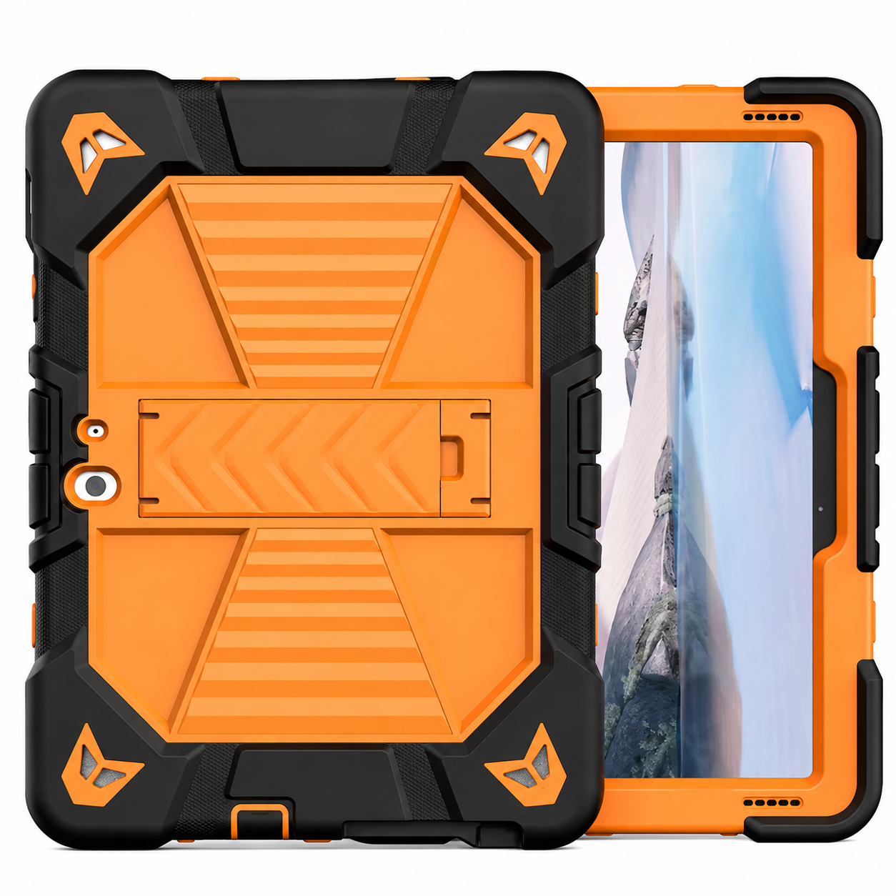 Orange and black rugged case on a tablet with screen showing mountain landscape