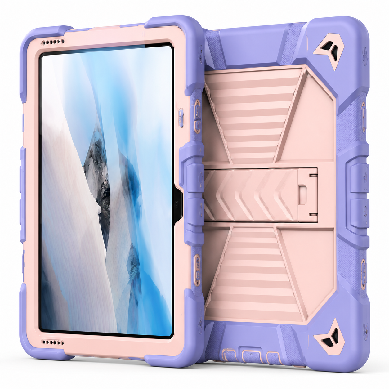 Purple and beige tablet case with stand on a white background