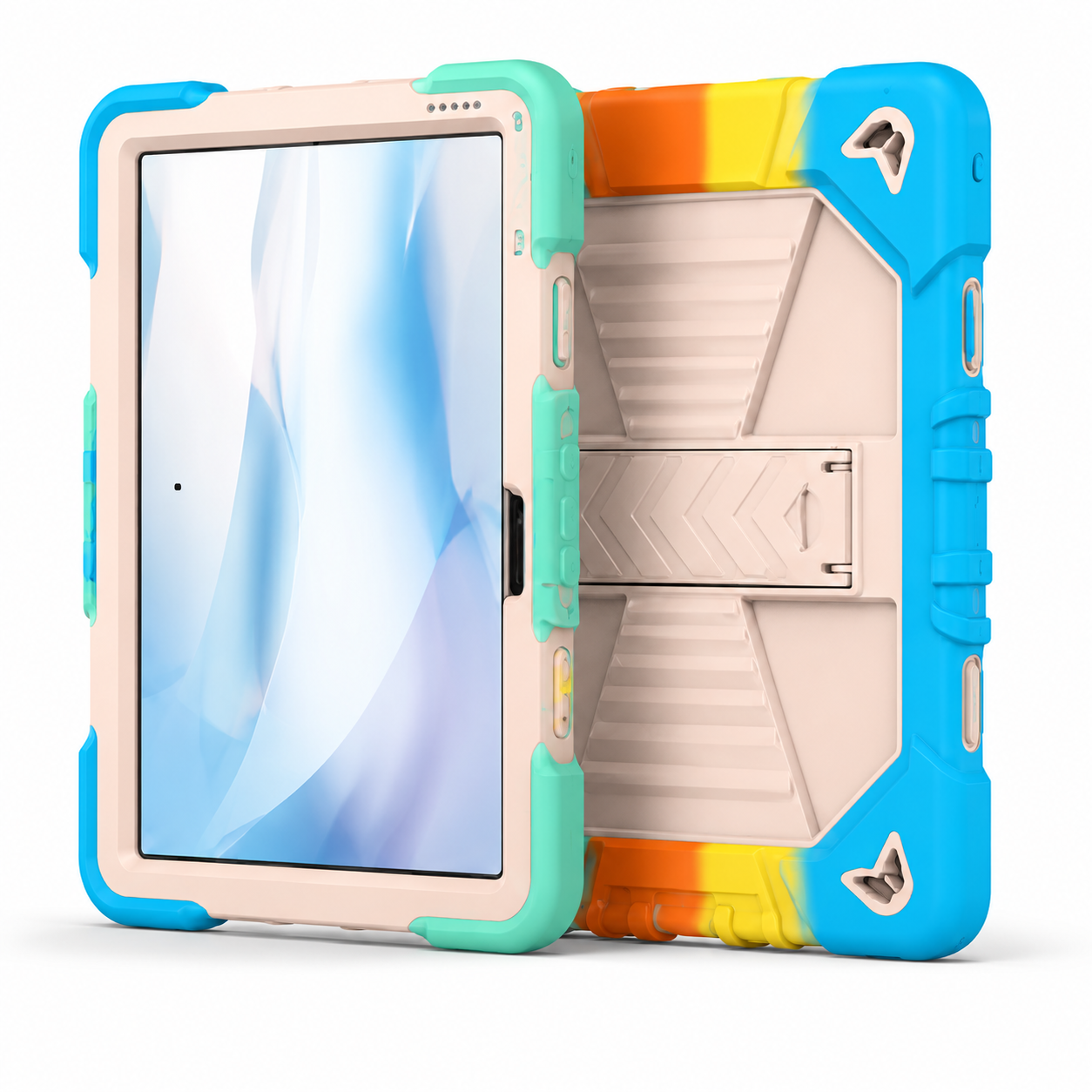 Colorful tablet case with screen and stand features on a white background