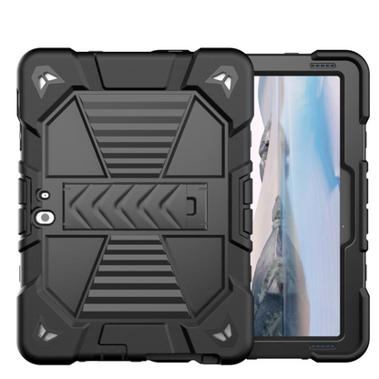 Black rugged tablet case with a clear screen protector on a white background