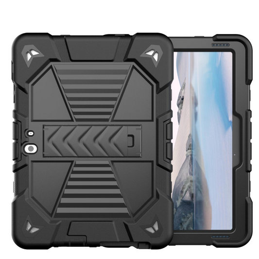 Black rugged tablet case with a clear screen protector on a white background