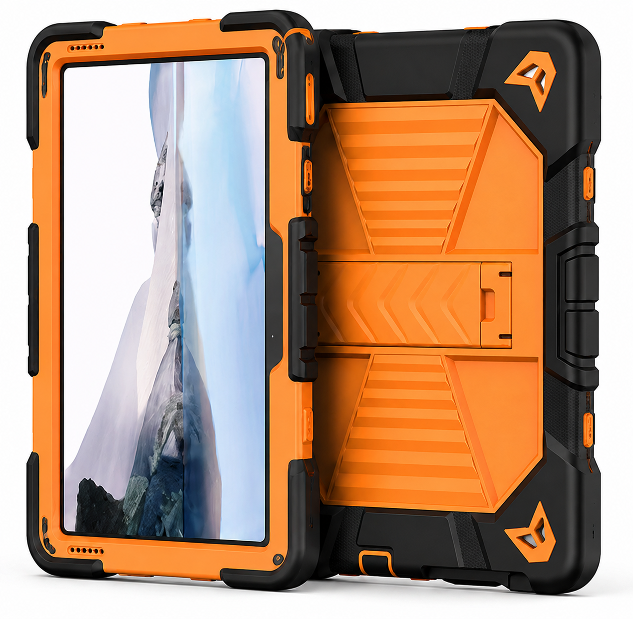 Orange and black rugged tablet case with screen protector on a white background