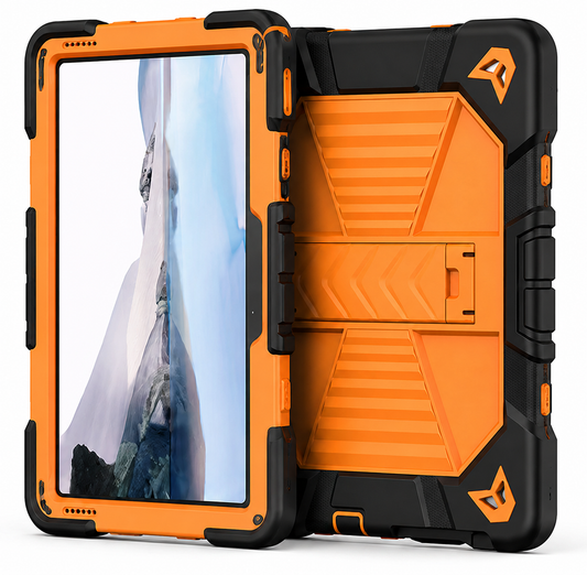 Orange and black rugged tablet case with screen protector on a white background